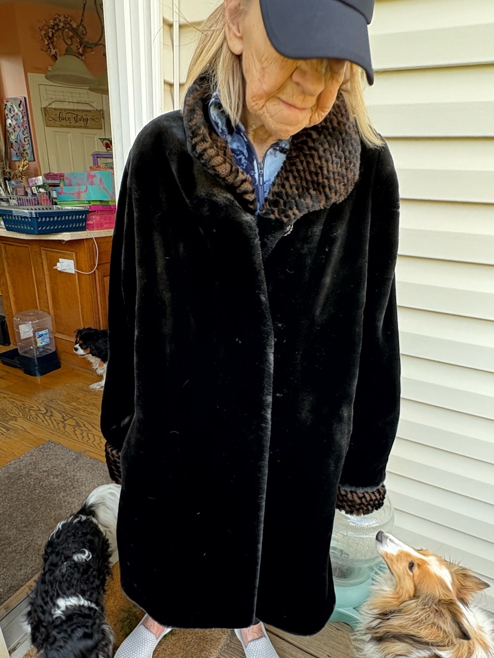 “Novelti”Black Faux Fur Coat with Brown leopard Trim-NEW!